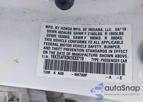 2019 Honda Insight Touring из США, поврежденный, VIN 19XZE4F93KE033719